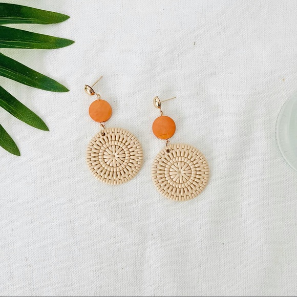 Jewelry - Minimalist Boho Rattan Wicker Wood Dangle Earrings